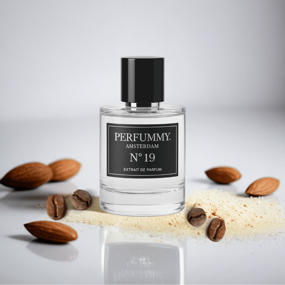 Perfume bottle Nº 19 by Perfumy Amsterdam inspired by Creed Aventus with almonds, coffee beans, and powder around.