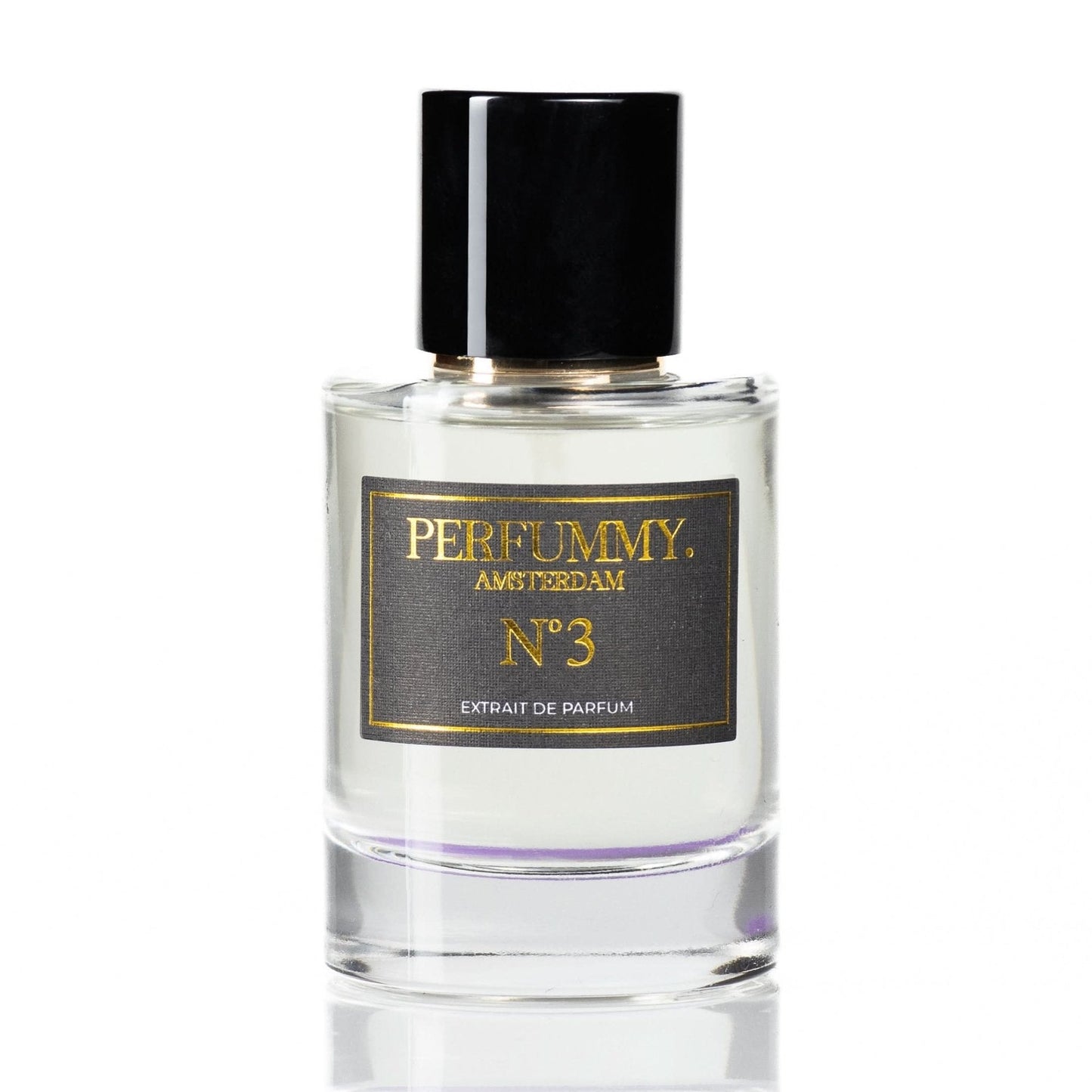 Clear glass perfume bottle with black and gold label reading "PERFUMMY AMSTERDAM Nº 3" and black cap, Inspired by Arabians Tonka fragrance.