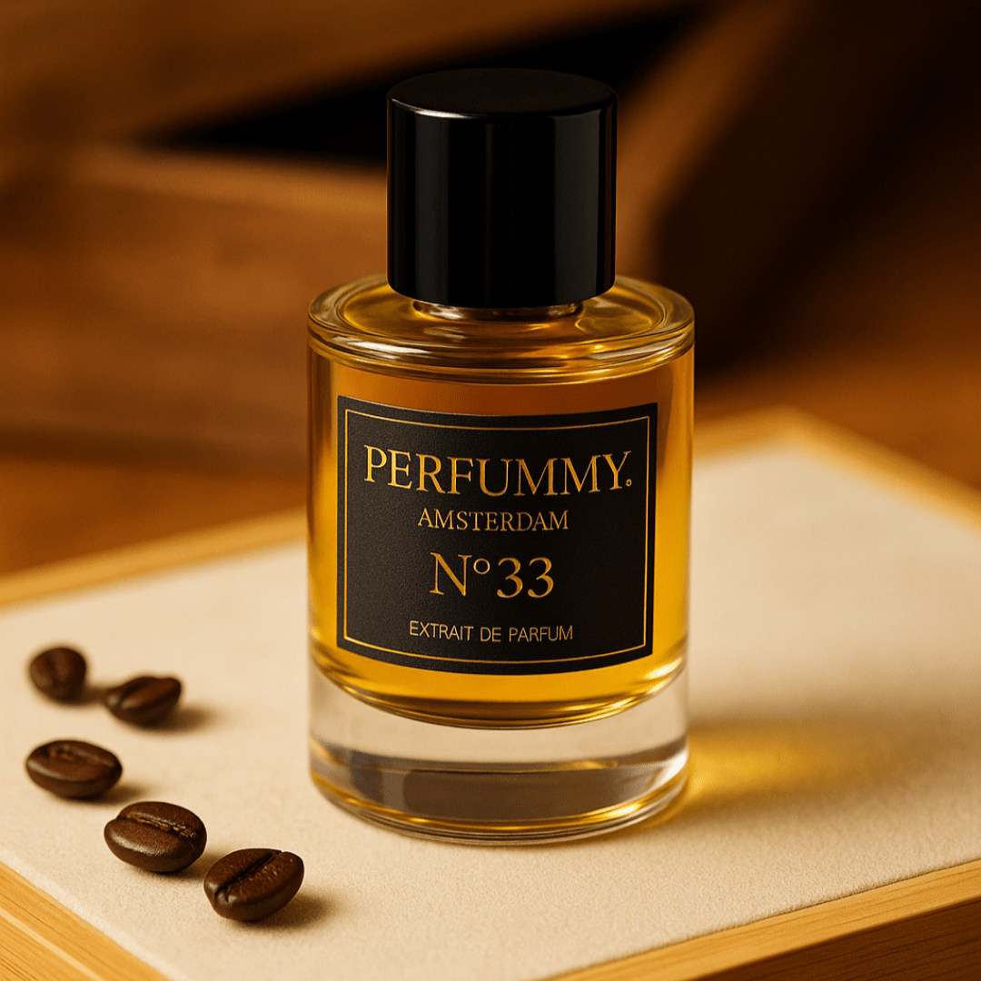 Perfume bottle of Nº 33 Inspired by Santal 33 with warm amber and woody notes on a beige book surface with coffee beans nearby.