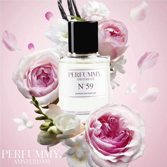 Bottle of Nº 59 perfume inspired by FLOWERBOMB surrounded by pink and white flowers on a soft pink background