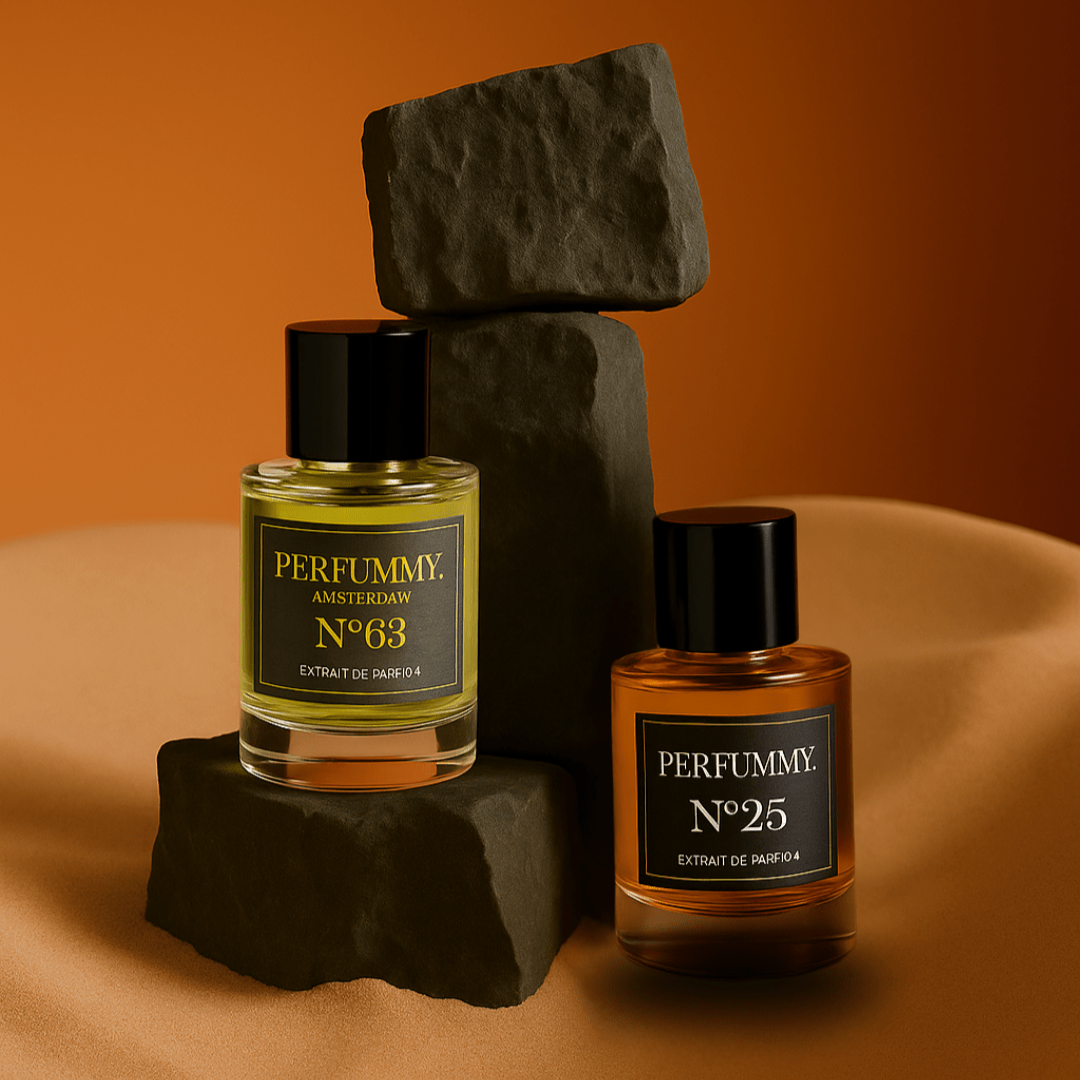 Two bottles of PERFUMMY extrait de parfum No 63 and No 25 displayed on stacked dark stones with warm brown background, inspired by Tobacco Vanille fragrance.