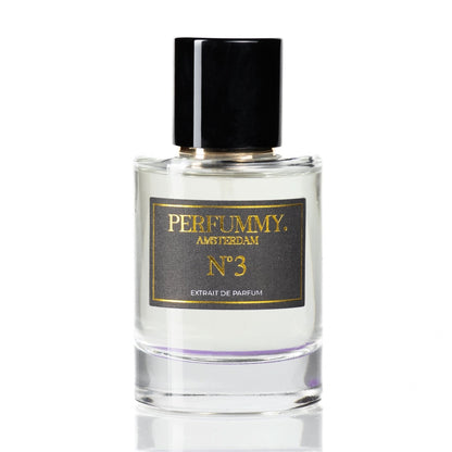 Clear glass perfume bottle with black and gold label reading "PERFUMMY AMSTERDAM Nº 3" and black cap, Inspired by Arabians Tonka fragrance.