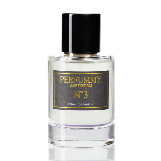 Clear glass perfume bottle with black and gold label reading "PERFUMMY AMSTERDAM Nº 3" and black cap, Inspired by Arabians Tonka fragrance.
